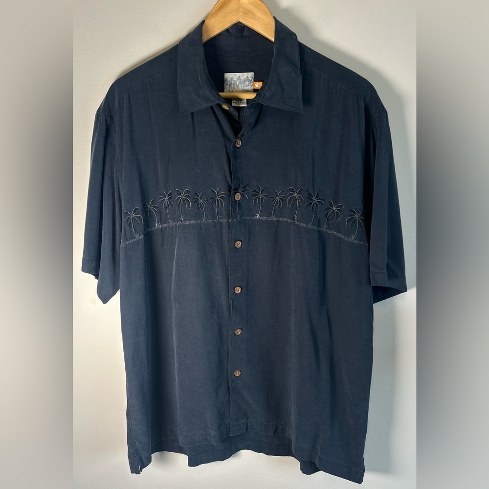 Quicksilver Premium Edition Hawaiian Shirt Black Embroidered Palm Trees Size M